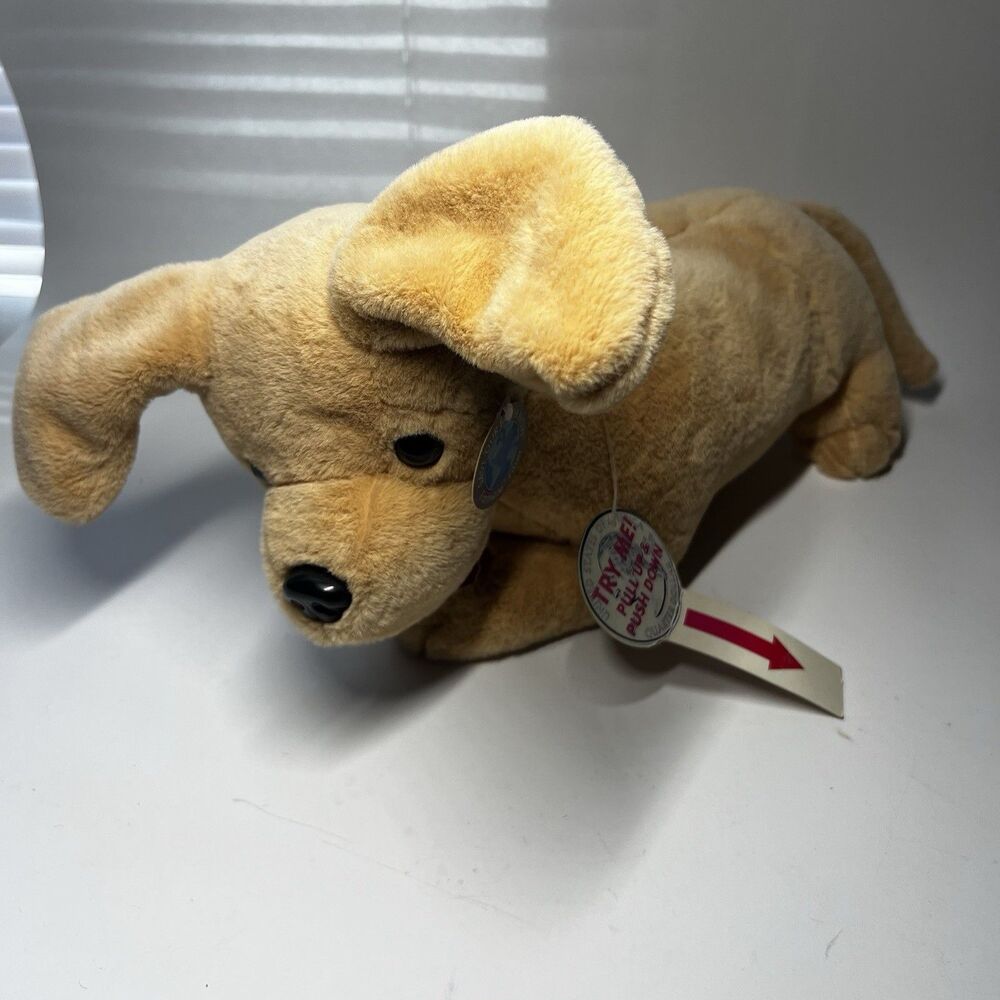 Mark Feldstein Plush Dog Coin Bank Animated Barking Yellow Puppy 13" NWT Works